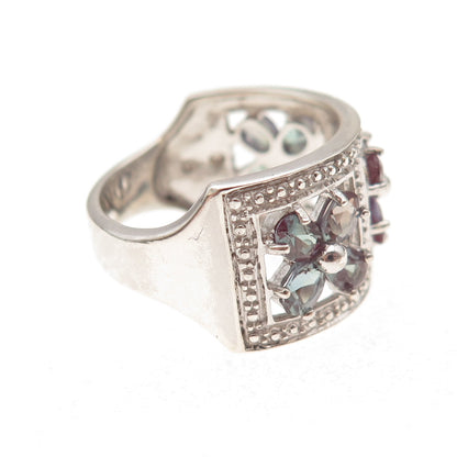 925 Sterling Silver Lab-Created Peacock Sapphire Floral Ring Size 9
