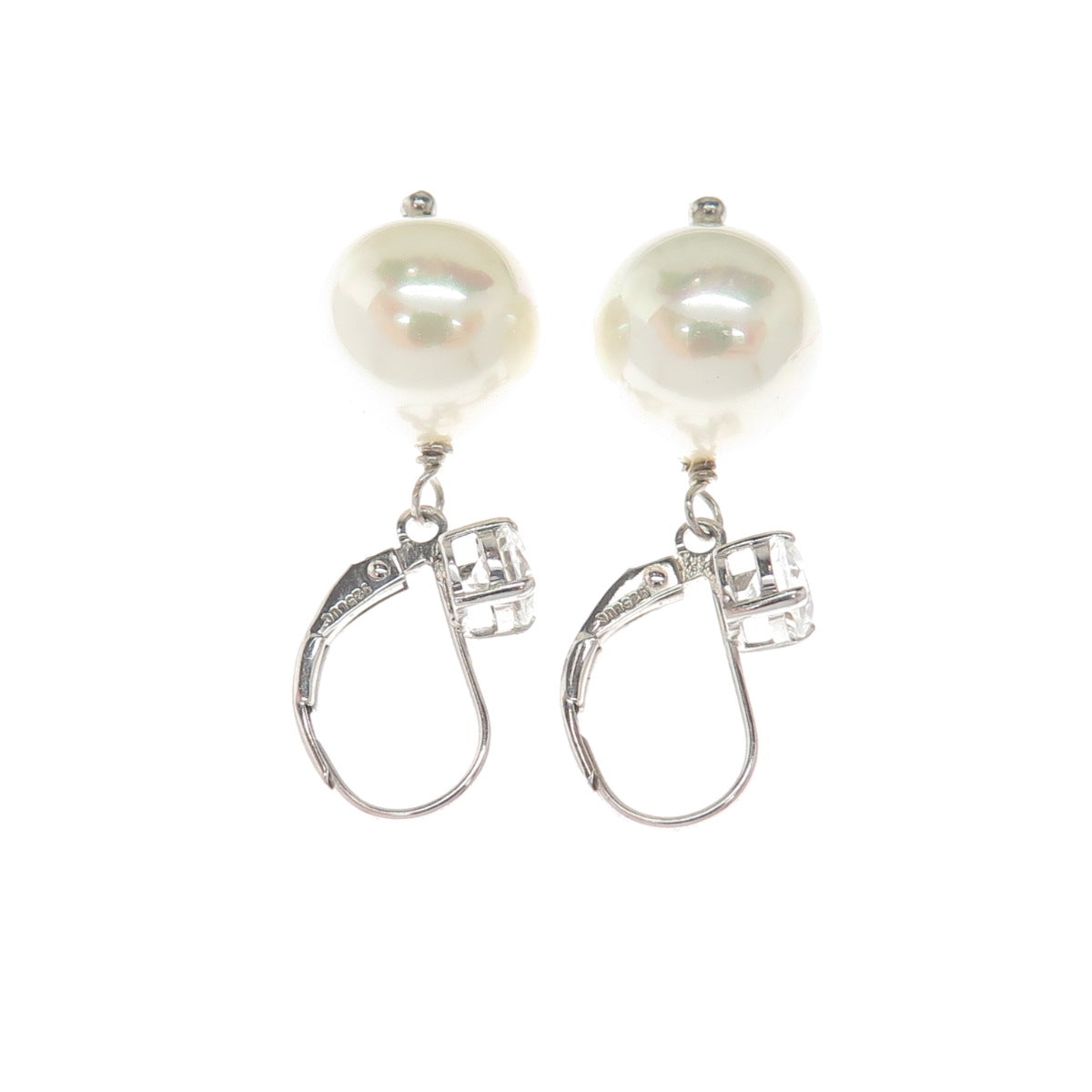 LUCAS LAMETH LUC 925 Sterling Silver Real Pearl & C Z Dangle Earrings