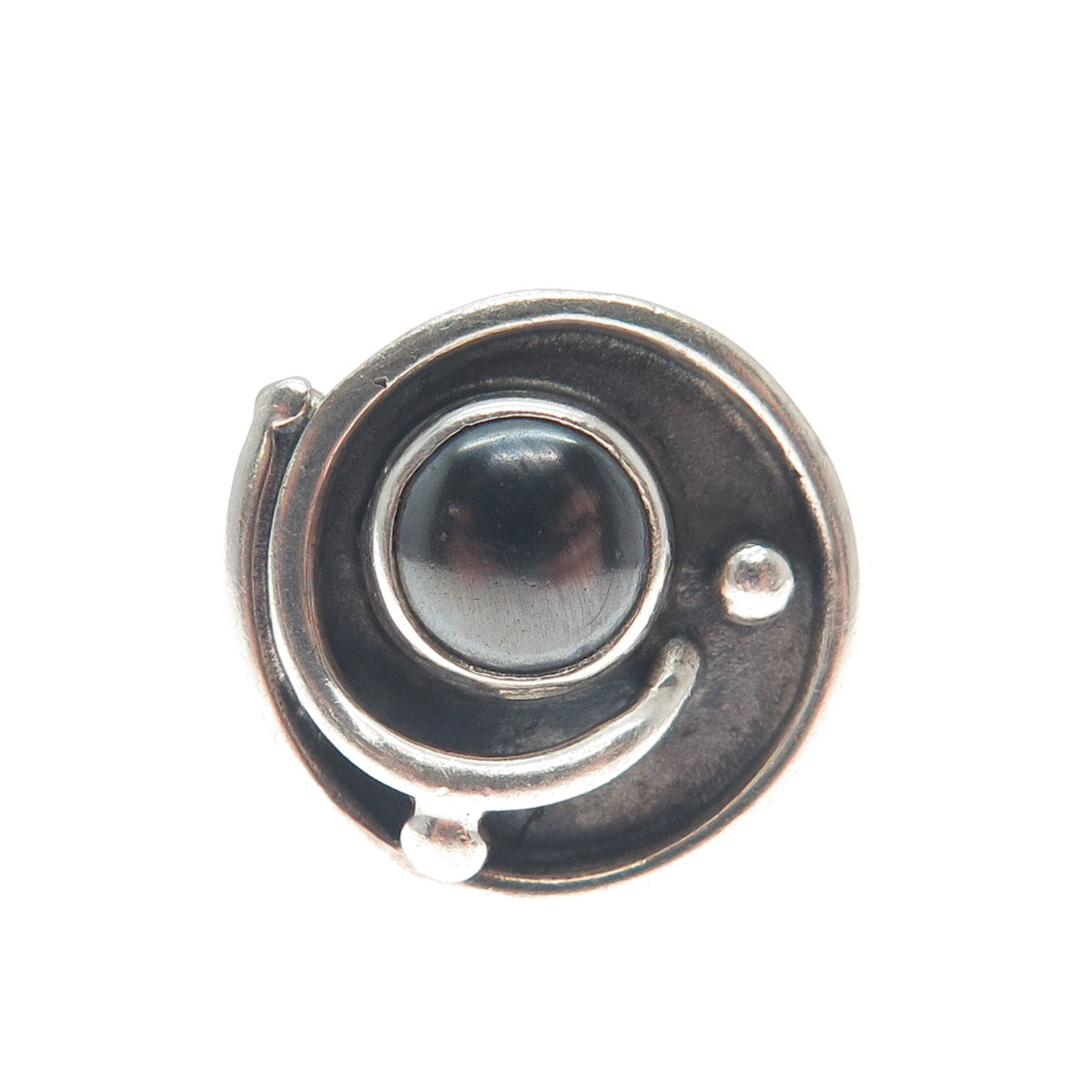 925 Sterling Silver Vintage Real Hematite Modernist Spiral Oxidized Ring Size 7
