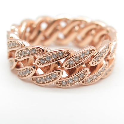 925 Sterling Silver Rose Gold Plated Round-Cut C Z Cuban Link Band Ring Size 7