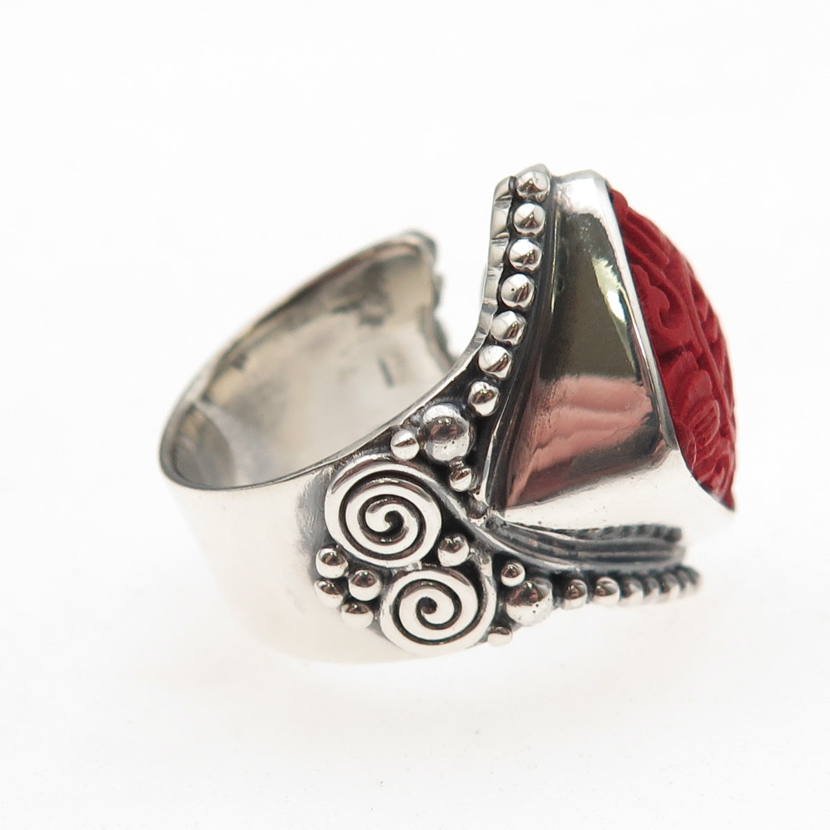 Sajen 925 Sterling Vintage Cinnabar Chinese Longevity Adjustable Ring Size 7.5