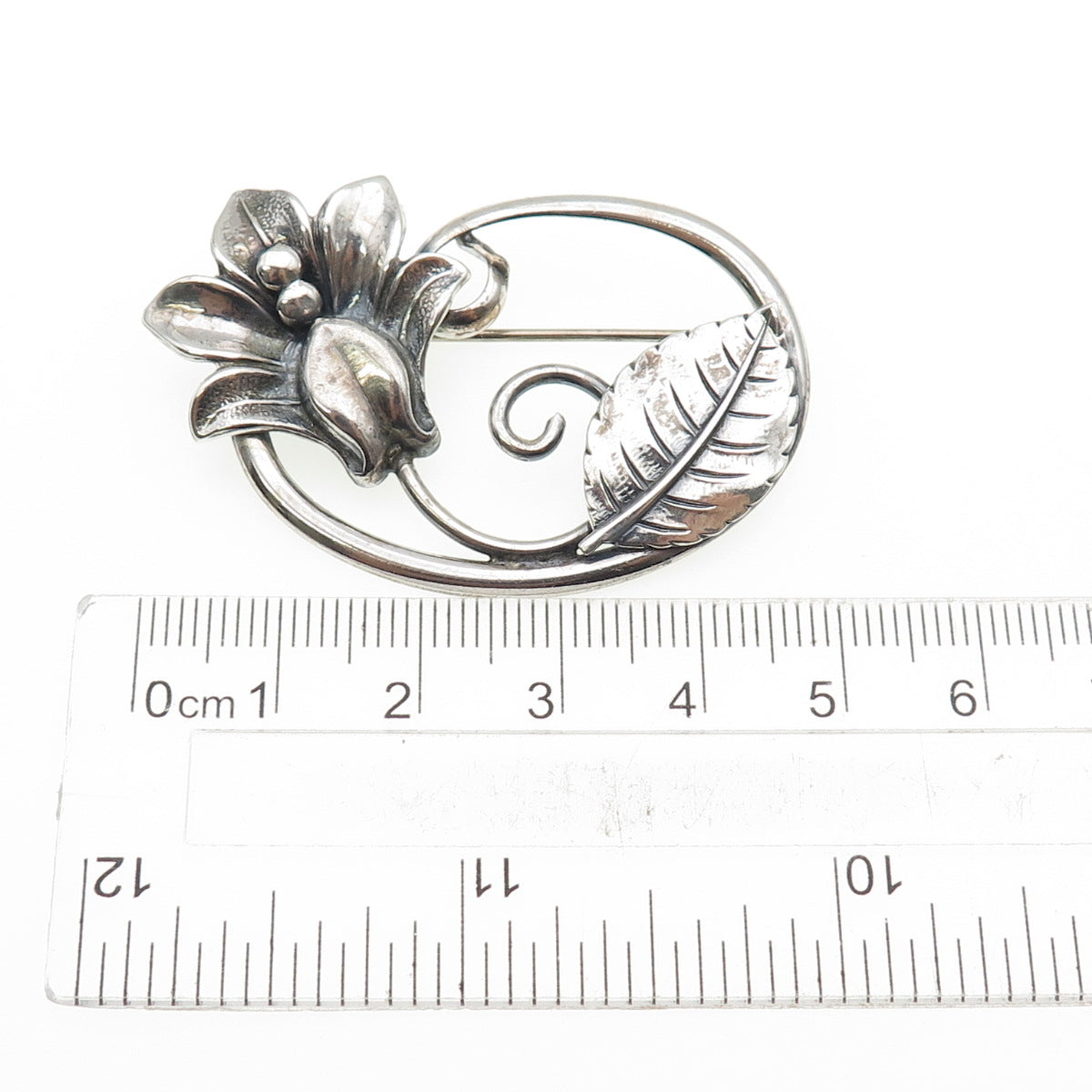 JEWELART 925 Sterling Silver Antique Art Deco Rose Flower Oxidized Pin Brooch