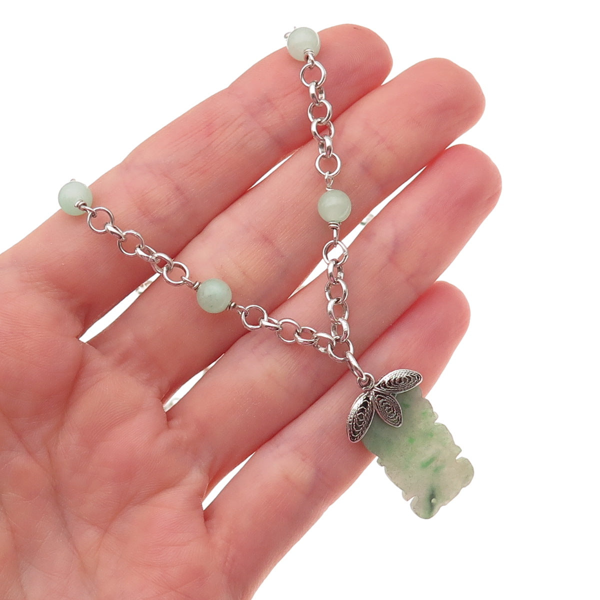 925 Sterling Silver Vintage Real Jade Floral Chain Necklace 18"