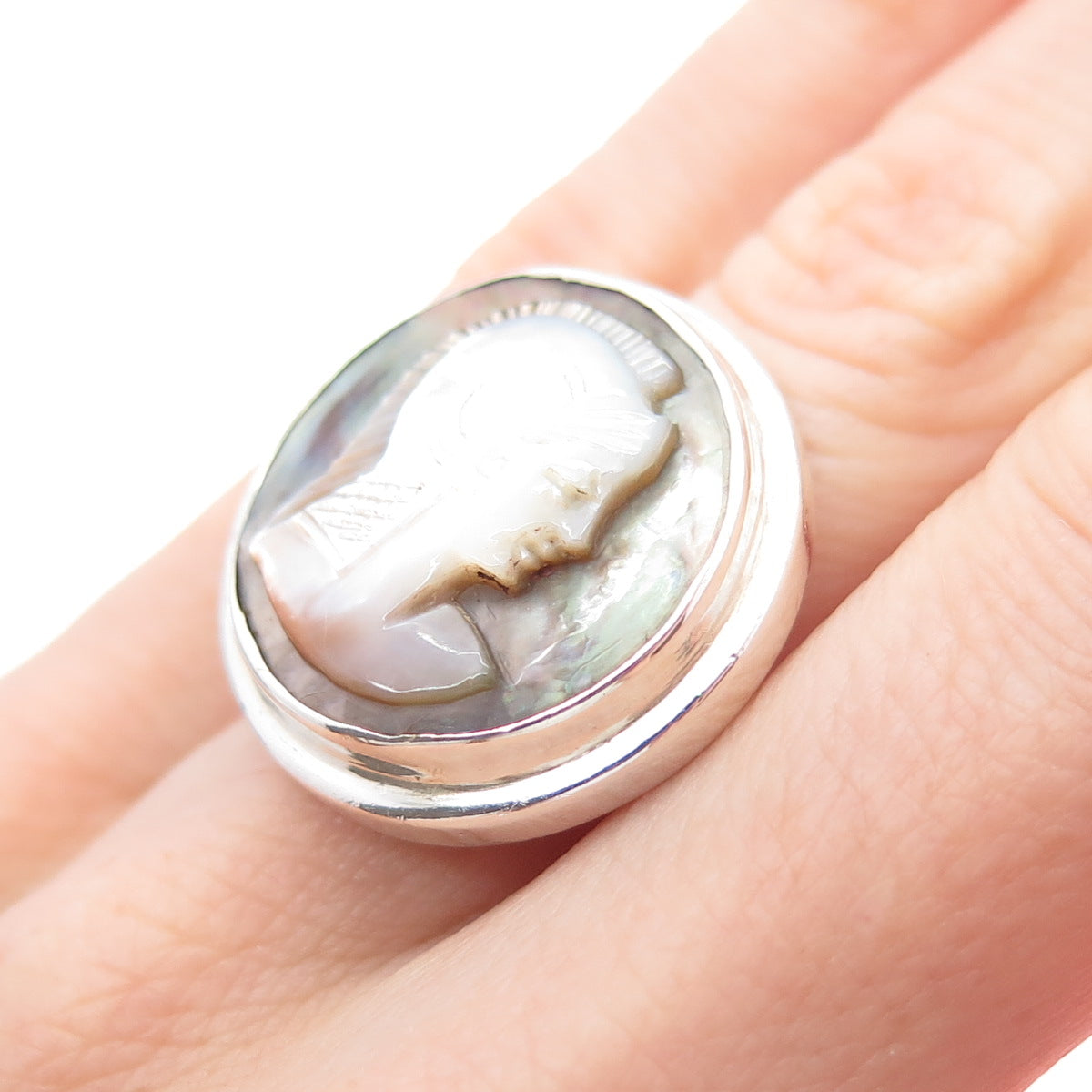 925 Sterling Silver Vintage Real MOP Carved Athena Goddess Cameo Ring Size 5