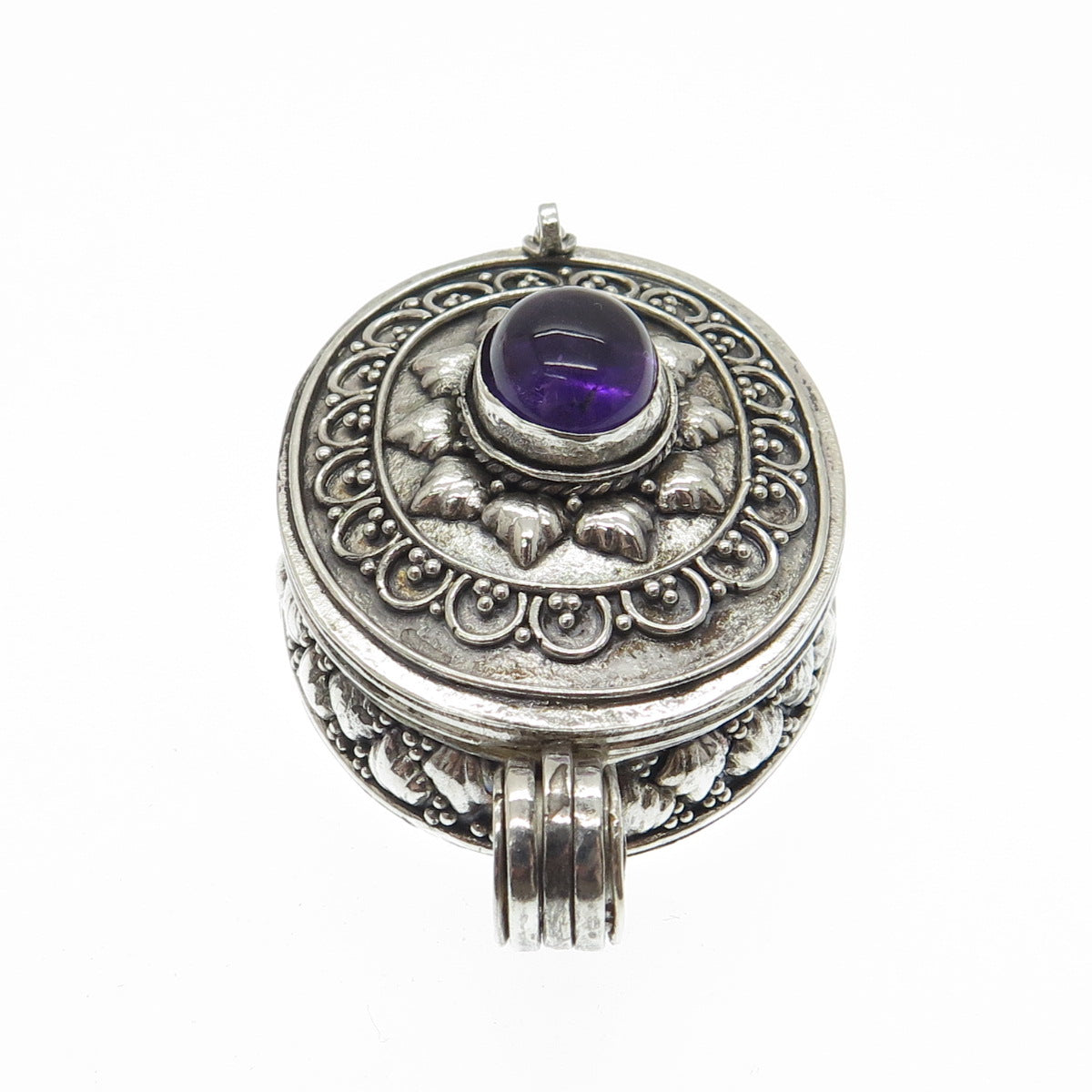 925 Sterling Silver Vintage Real Amethyst Granulated Floral Locket Box Pendant