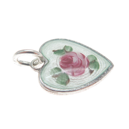 WELLS Sterling Silver Antique Enamel Rose Flower Heart Minimalist Charm Pendant
