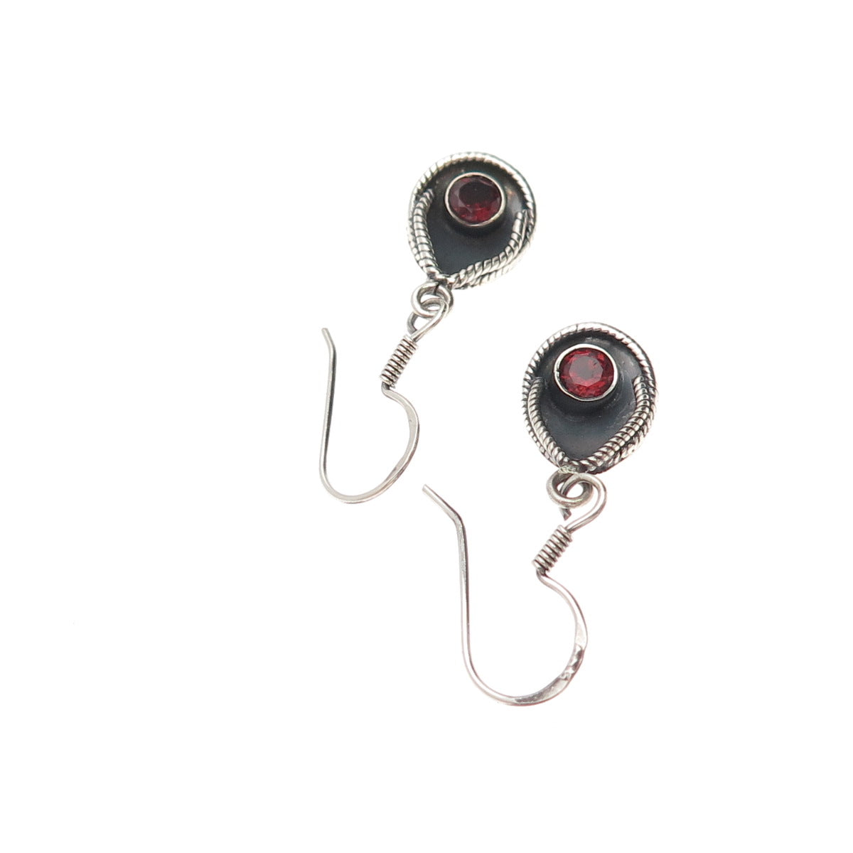 925 Sterling Silver Vintage Real Red Garnet Modernist Teardrop Dangle Earrings