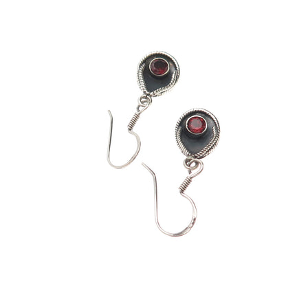 925 Sterling Silver Vintage Real Red Garnet Modernist Teardrop Dangle Earrings