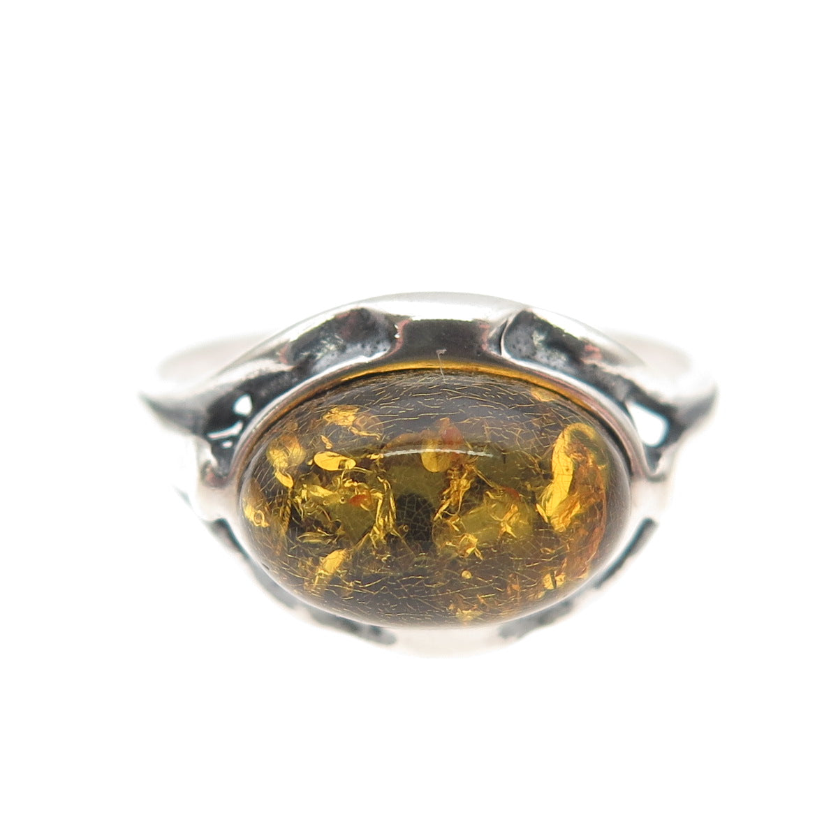 925 Sterling Silver Vintage Real Amber Modernist Oxidized Ring Size 9