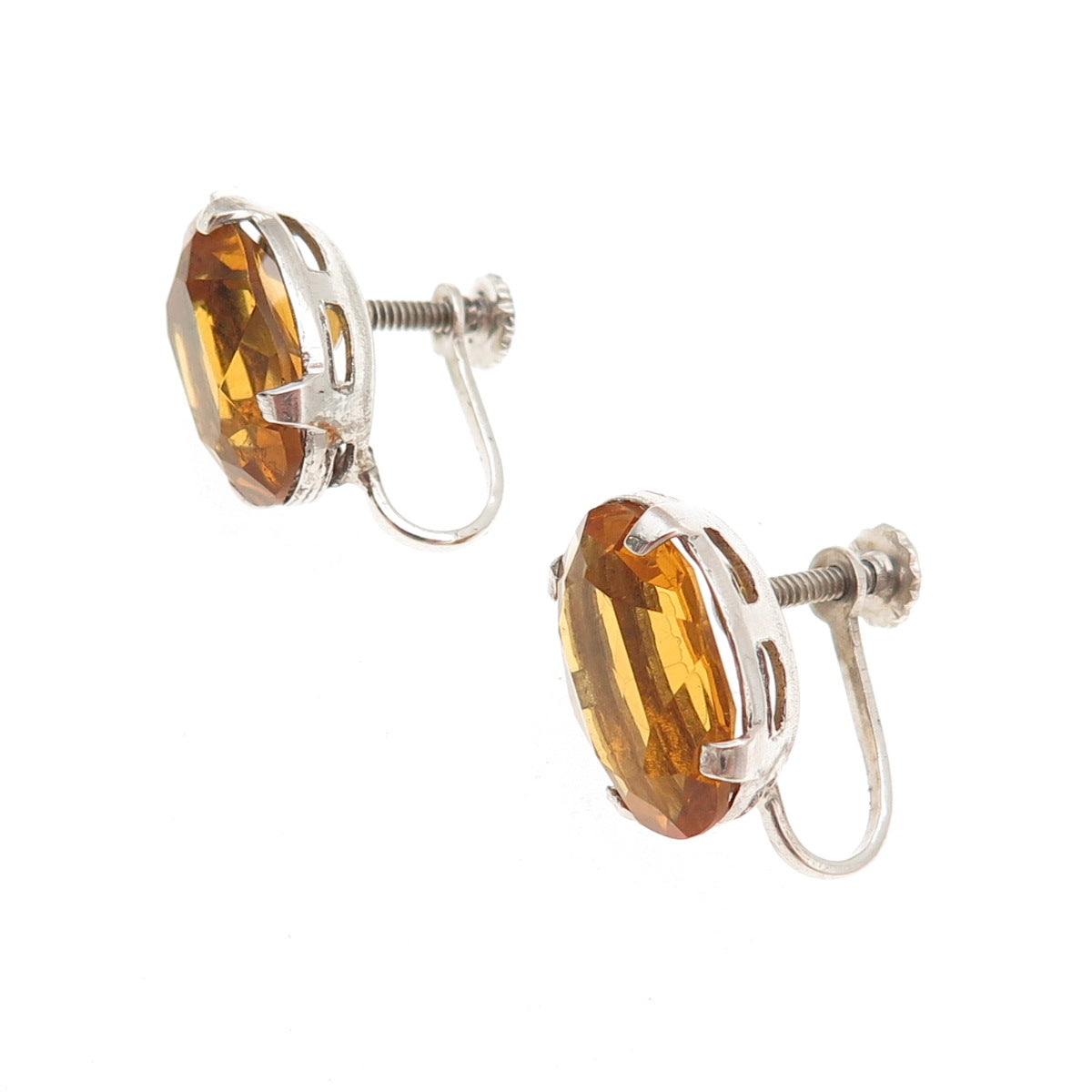 925 Sterling Silver Vintage Real Oval-Cut Citrine Screw Back Earrings