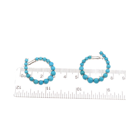 925 Sterling Silver Real Sleeping Beauty Turquoise Beaded Hoop Earrings