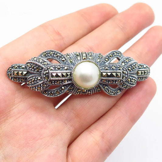 925 Sterling Silver Vintage Judith Jack Real Pearl & Marcasite Gem Pin Brooch
