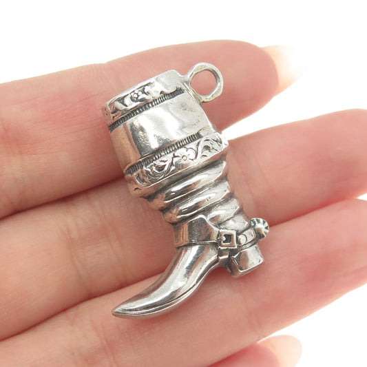 925 Sterling Silver Antique Art Deco Cowboy Boot 3D Charm Pendant