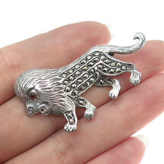 925 Sterling Silver Vintage Real Red Garnet & Marcasite Gemstone Lion Pin Brooch