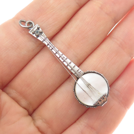 925 Sterling Silver Antique Art Deco Real MOP Banjo Music Instrument Pendant