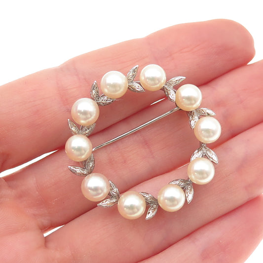 Tasaki Sterling Silver Antique Japan Real Akoya Pearl Floral Circle Pin Brooch