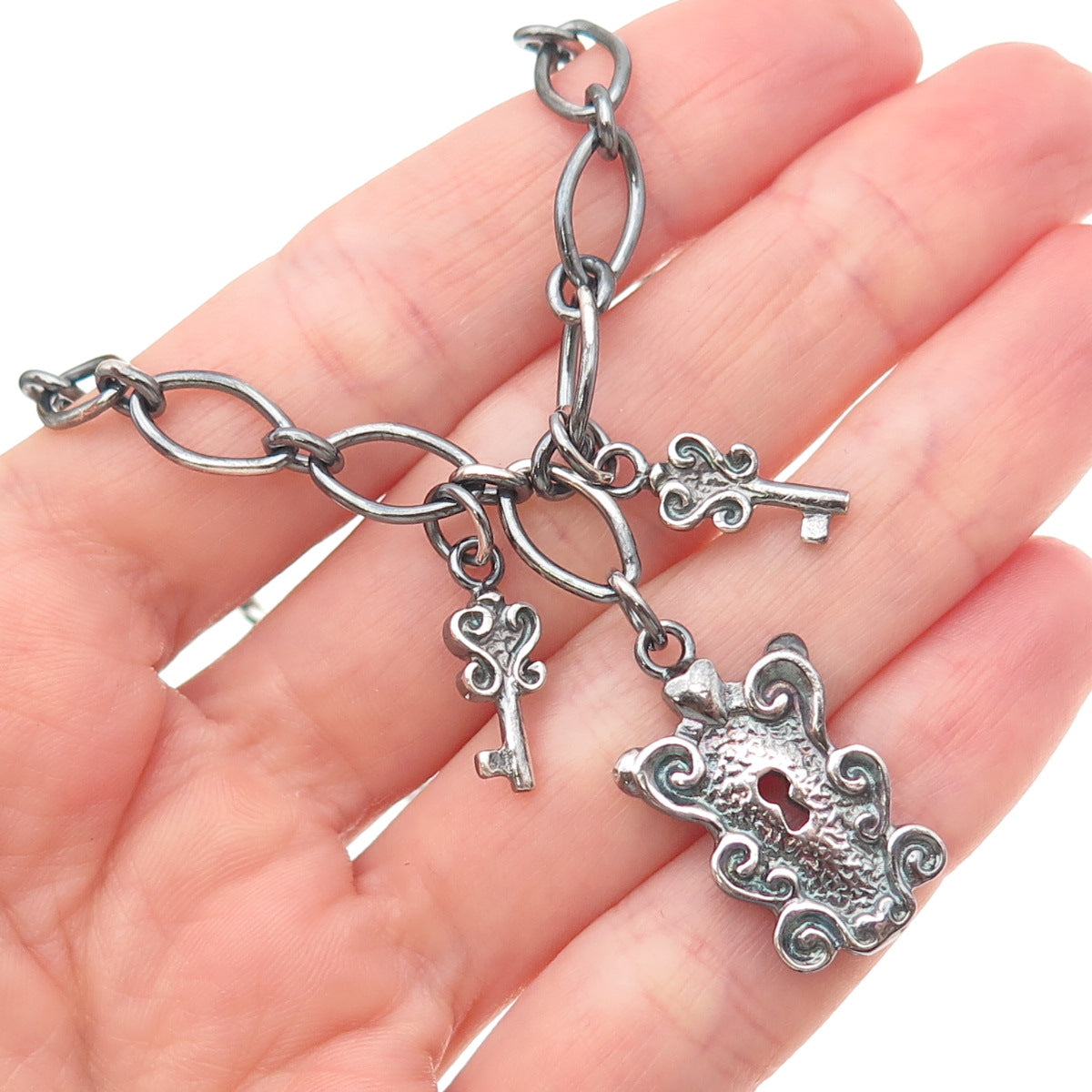 925 Sterling Silver Vintage Italy Lock & Key Oxidized Chain Necklace 16"