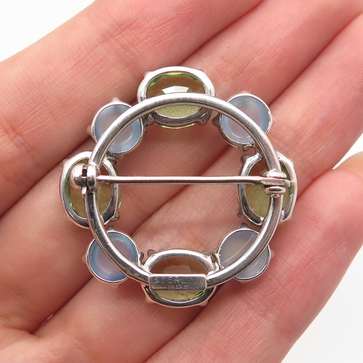 925 Sterling Silver Antique W. E. Richards Fiber Optic Cat's Eye & Glass Brooch