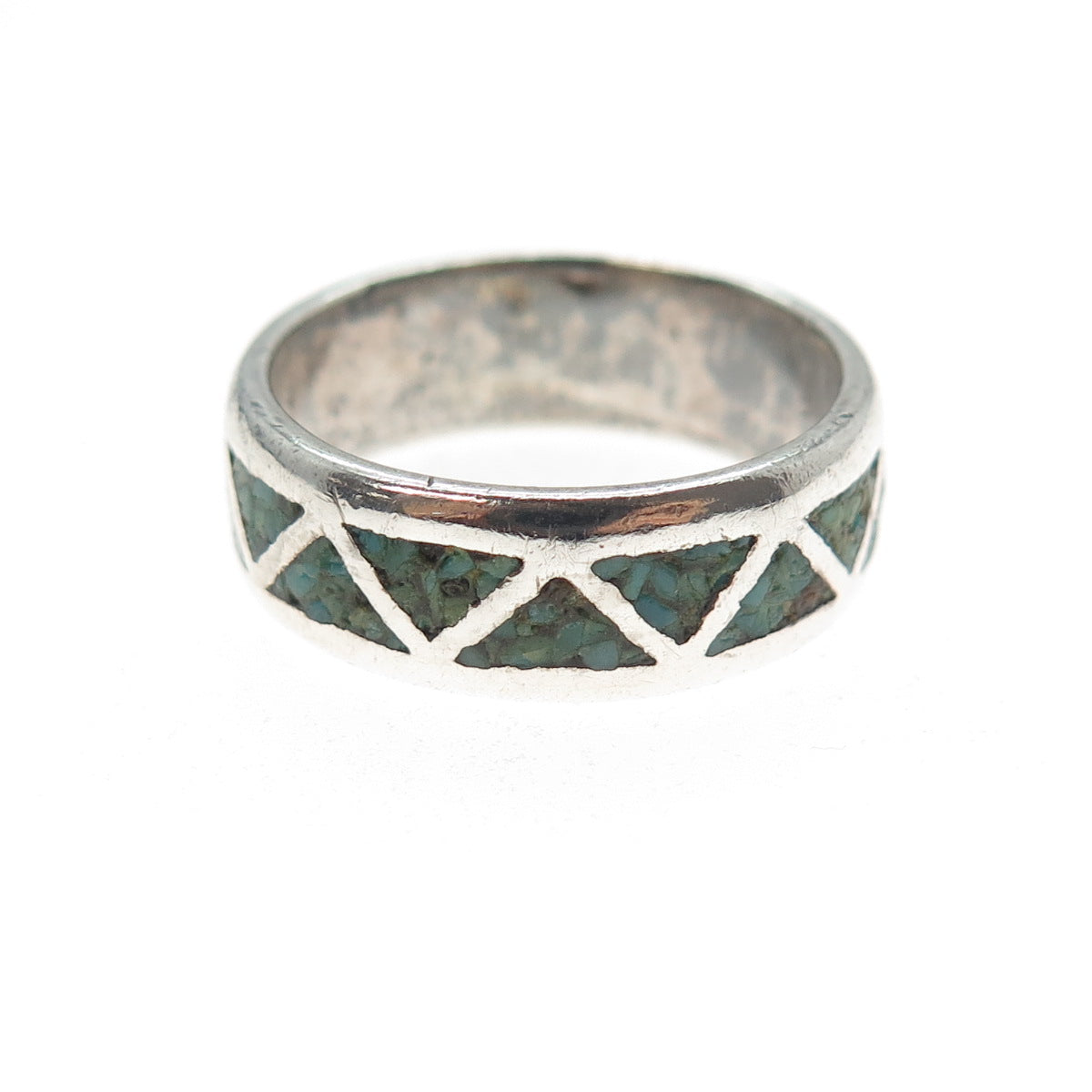 Tommy Long Navajo Old Pawn Sterling Vintage Turquoise Inlay Band Ring Size 8.5