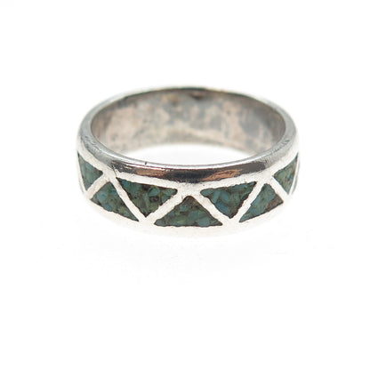 Tommy Long Navajo Old Pawn Sterling Vintage Turquoise Inlay Band Ring Size 8.5