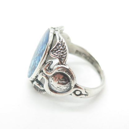 925 Sterling Silver Vintage Real Turquoise Gem Inlay Eagle Ring Size 4.5