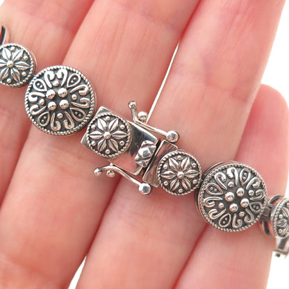 925 Sterling Silver Vintage Floral Disc Link Oxidized Bracelet 7"