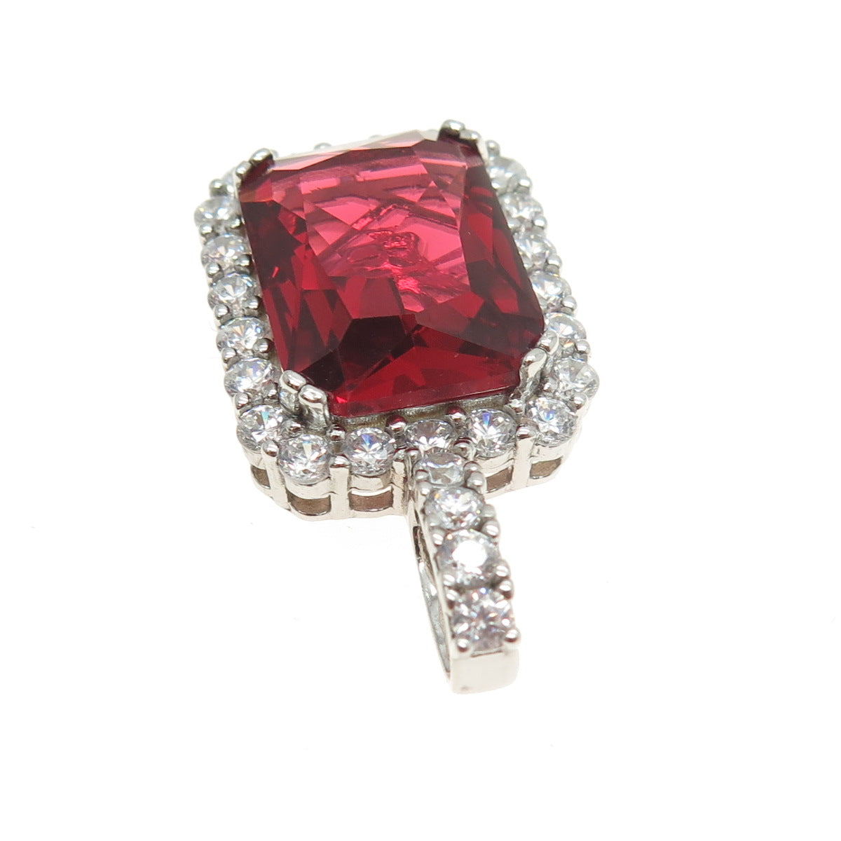 925 Sterling Silver Radiant-Cut Red Glass & Round-Cut C Z Pendant