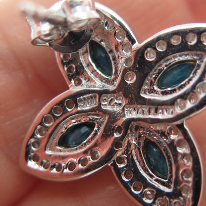 925 Sterling Silver Real Diamond Pear & Marquise-Cut Sapphire Flower Earrings