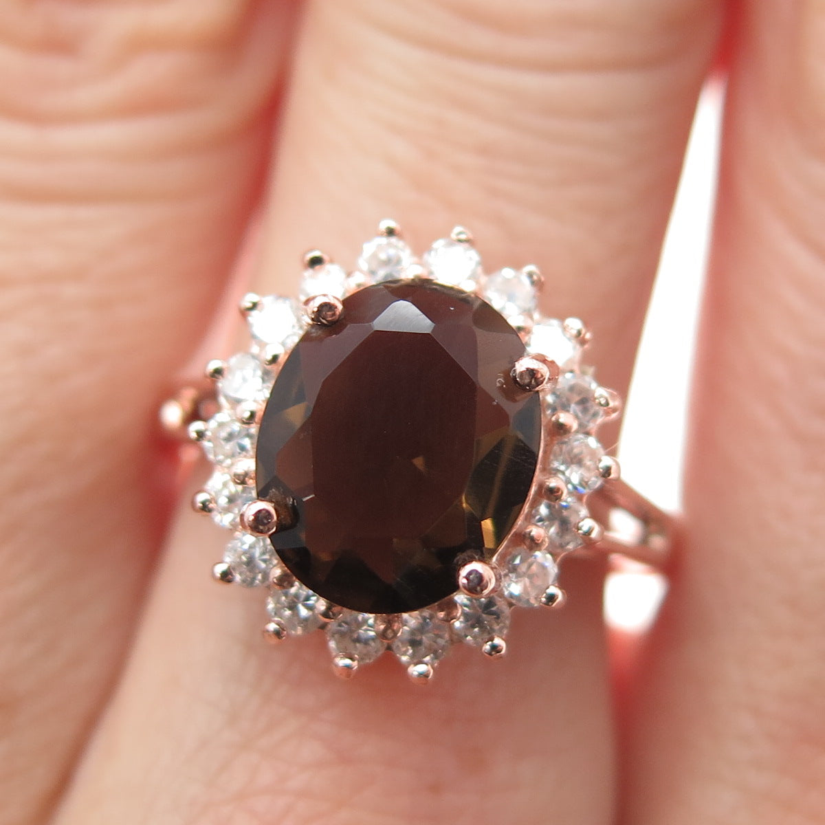 925 Sterling Silver Rose Gold Plated Real Smoky Quartz & C Z Ring Size 7.5