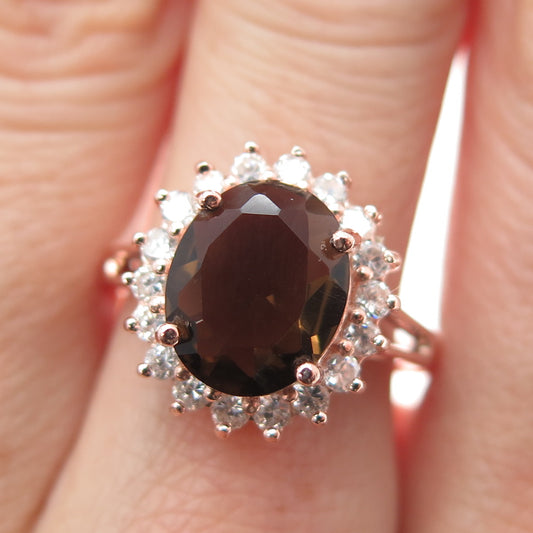 925 Sterling Silver Rose Gold Plated Real Smoky Quartz & C Z Ring Size 7.5