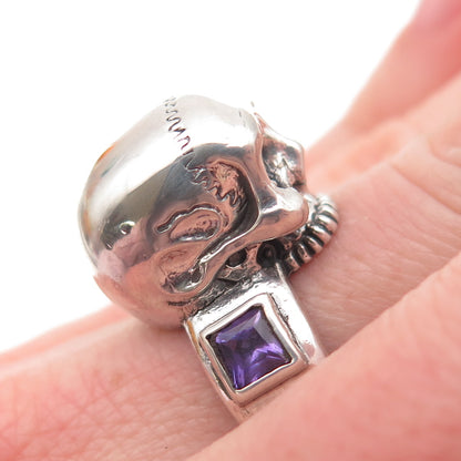 925 Sterling Silver Vintage Real Amethyst Skull Oxidized Biker Ring Size 6.75