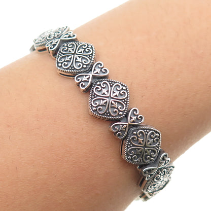 925 Sterling Silver Vintage Ornate Heart Floral Oxidized Bracelet 7"