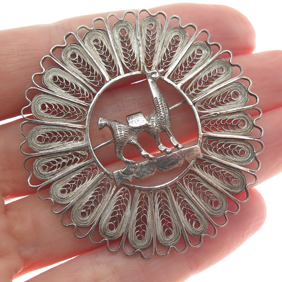 925 Sterling Silver Vintage Peruvian Llama Filigree Oxidized Pin Brooch