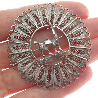 925 Sterling Silver Vintage Peruvian Llama Filigree Oxidized Pin Brooch