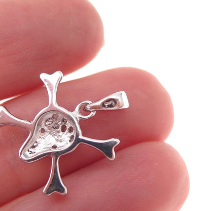 925 Sterling Silver Round-Cut C Z Skull & Crossbones Charm Pendant