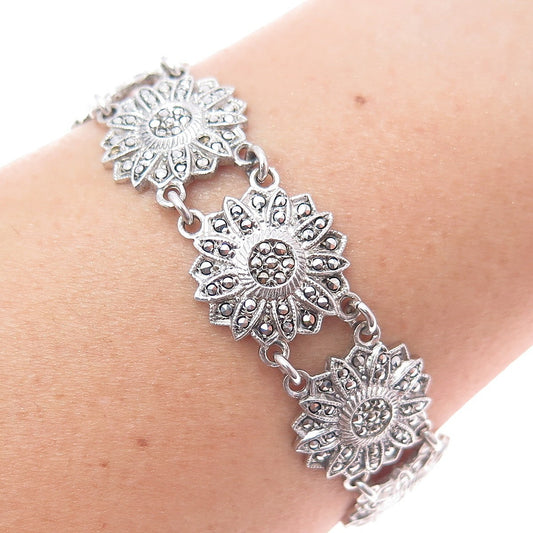925 Sterling Silver Antique Marcasite Flower Bracelet 6.75" (missing 2 stones)