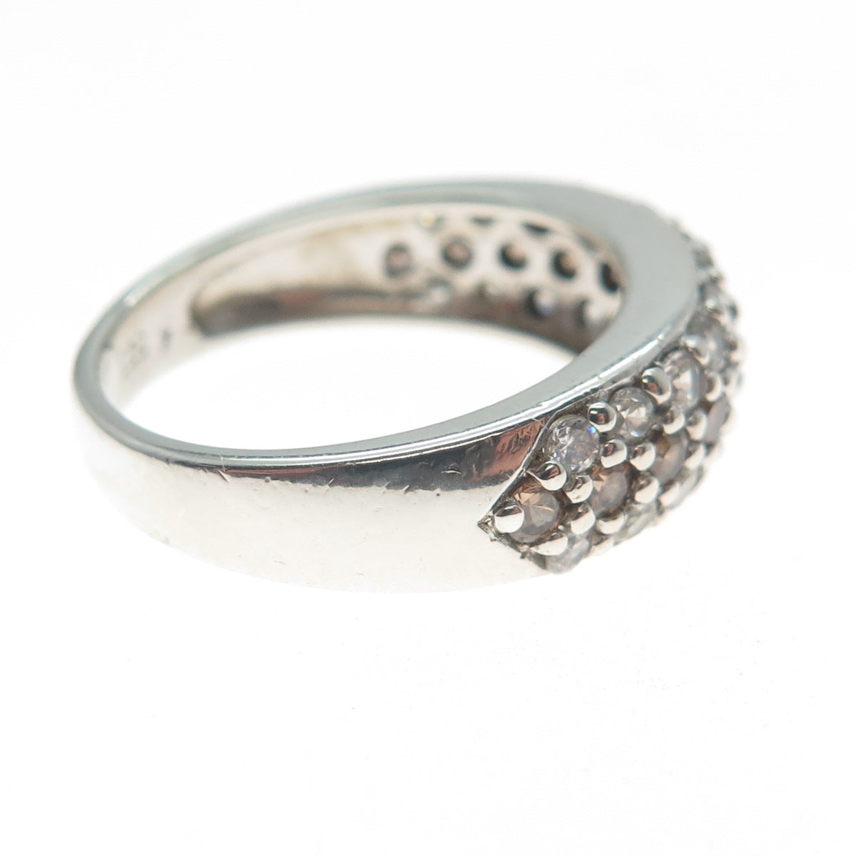925 Sterling Silver Round-Cut Champagne & White C Z Ring Size 6.75