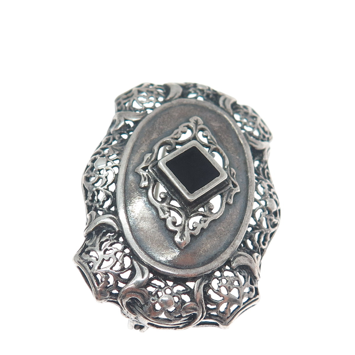 925 Sterling Silver Vintage Real Black Onyx Floral Oxidized Pin Brooch
