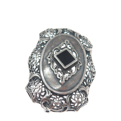925 Sterling Silver Vintage Real Black Onyx Floral Oxidized Pin Brooch