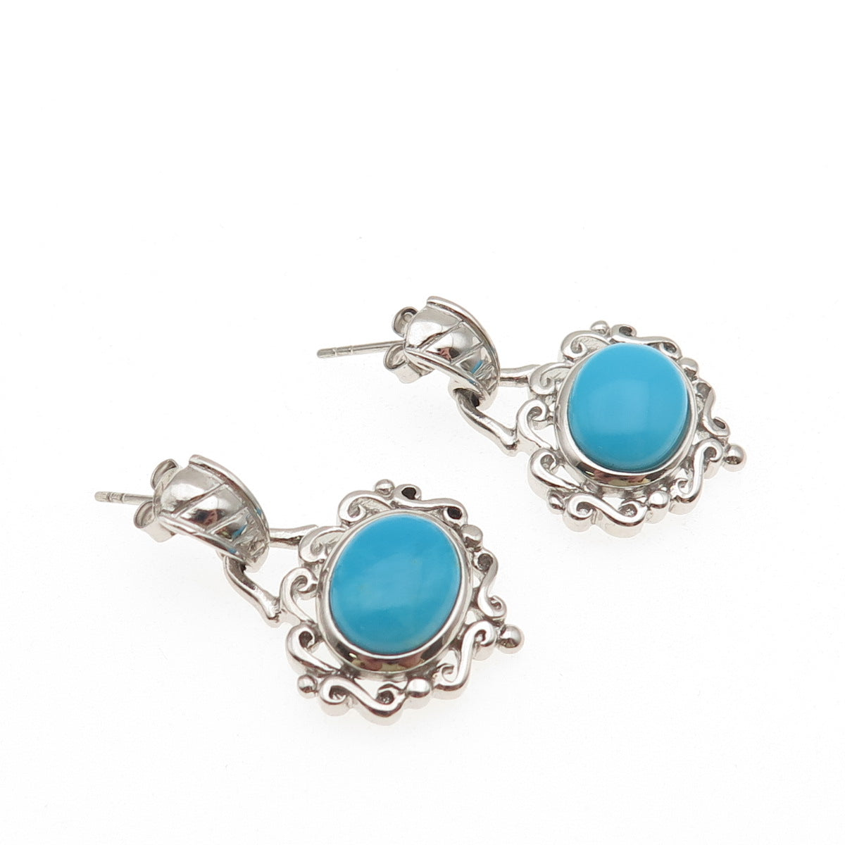 Chapal Zenray 925 Sterling Silver Real Turquoise Ornate Dangle Earrings