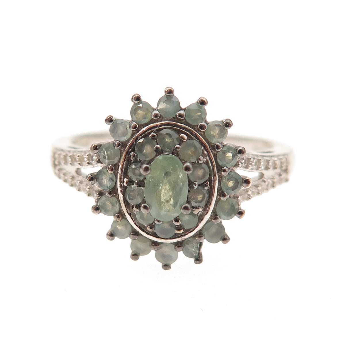 D'Joy 925 Sterling Silver Real Green Sapphire & White Topaz Floral Ring Size 8