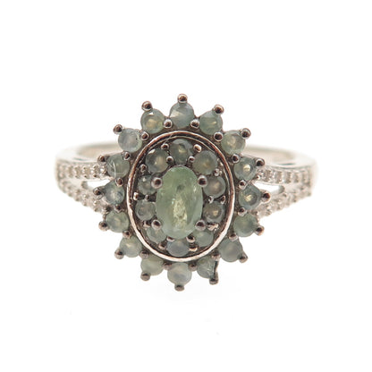 D'Joy 925 Sterling Silver Real Green Sapphire & White Topaz Floral Ring Size 8
