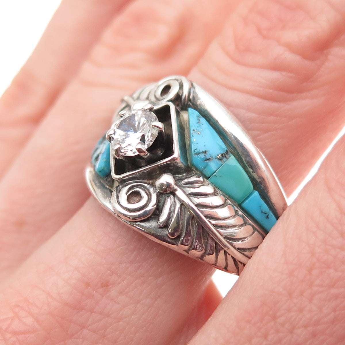 Carolyn Pollack Old Pawn Sterling Vintage Turquoise C Z Feather Ring Size 12.75