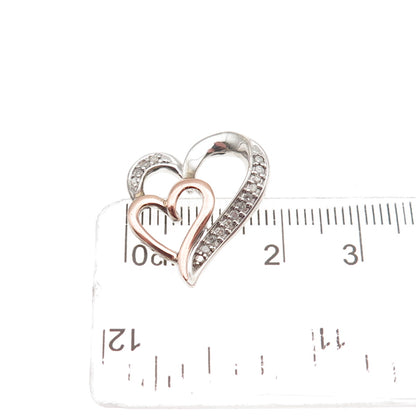SUN 925 Sterling 14K Rose Gold Real Diamond Mom & Child Heart Mini Slide Pendant