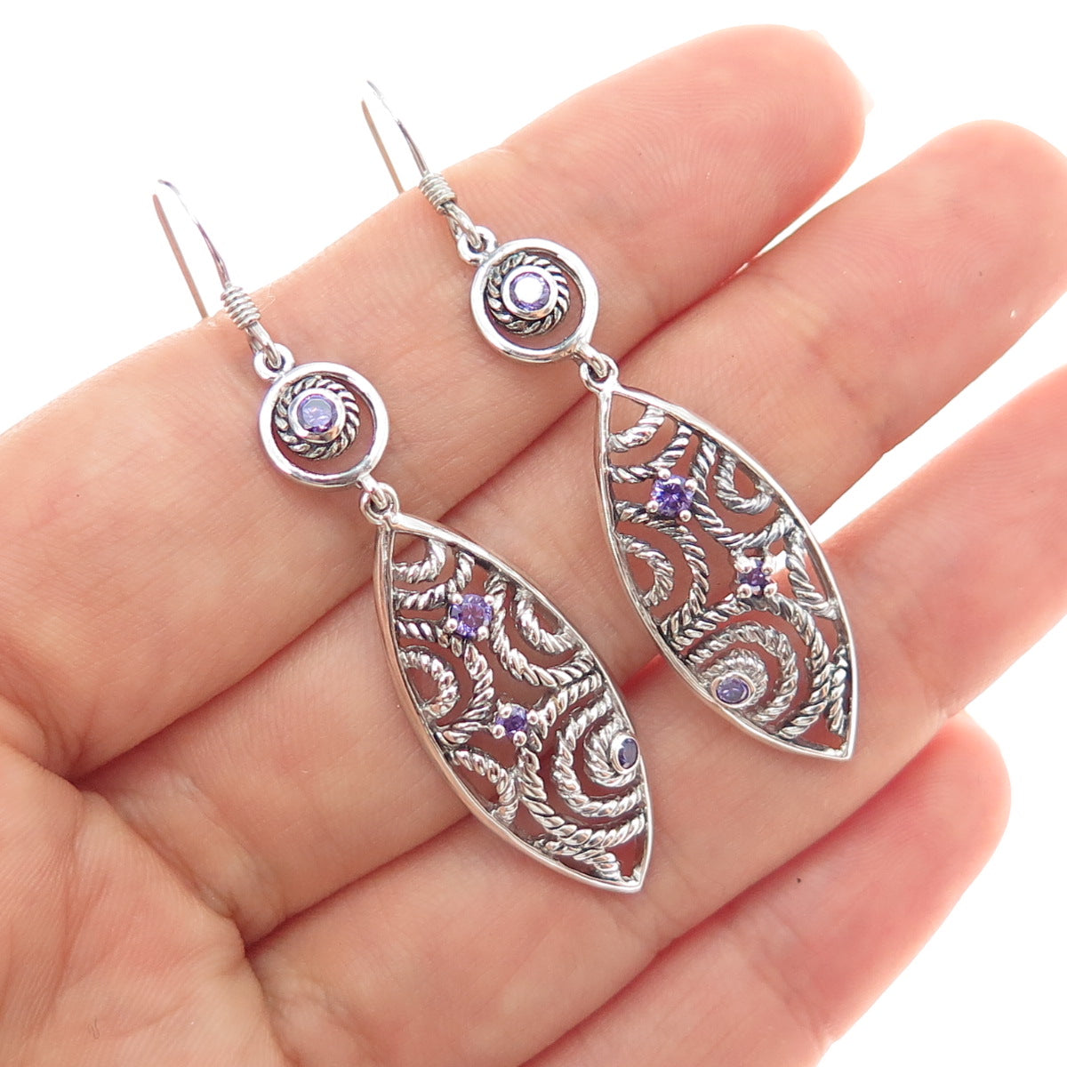 925 Sterling Silver Vintage Real Amethyst Ornate Oxidized Dangle Earrings