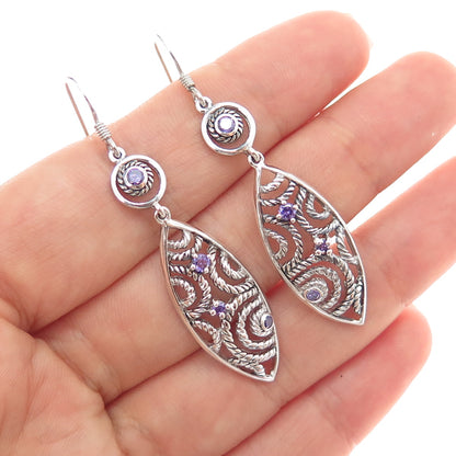 925 Sterling Silver Vintage Real Amethyst Ornate Oxidized Dangle Earrings