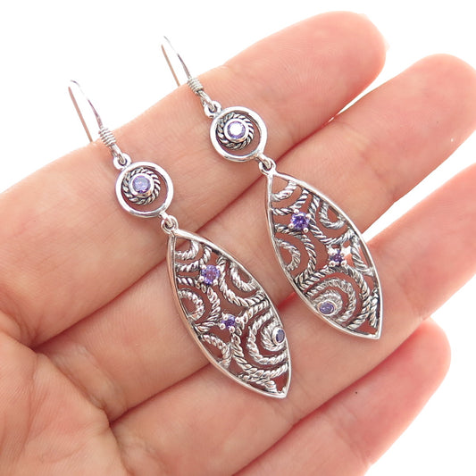 925 Sterling Silver Vintage Real Amethyst Ornate Oxidized Dangle Earrings