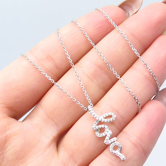 925 Sterling Silver Italy Sun Real White Diamond "Love" Rolo Chain Necklace 20"