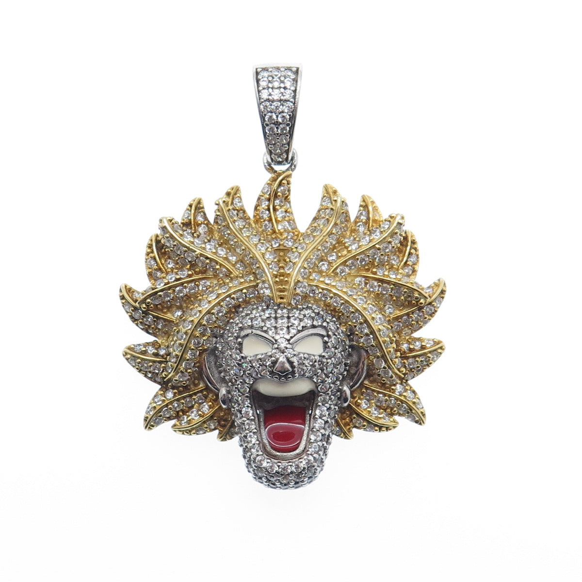 925 Sterling Silver 2-Tone Enamel Round-Cut C Z Super Saiyan Goku Charm Pendant