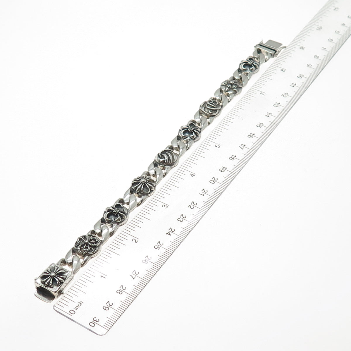 925 Sterling Silver Vintage Fleur de Lis Cross Oxidized Anchor Link Bracelet 8"